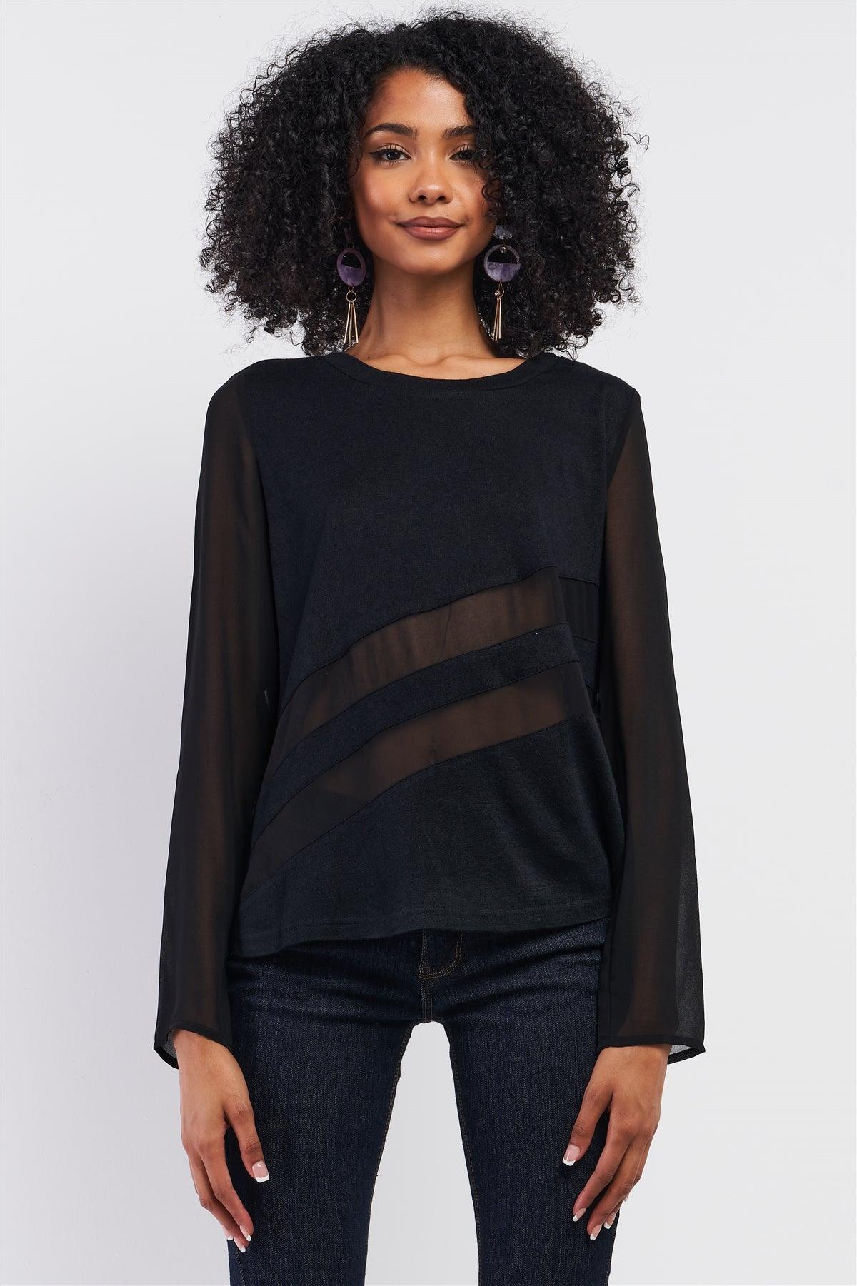 Black Long Sleeve Mesh Detail Relaxed Fit Knit Top /1-1-3-1