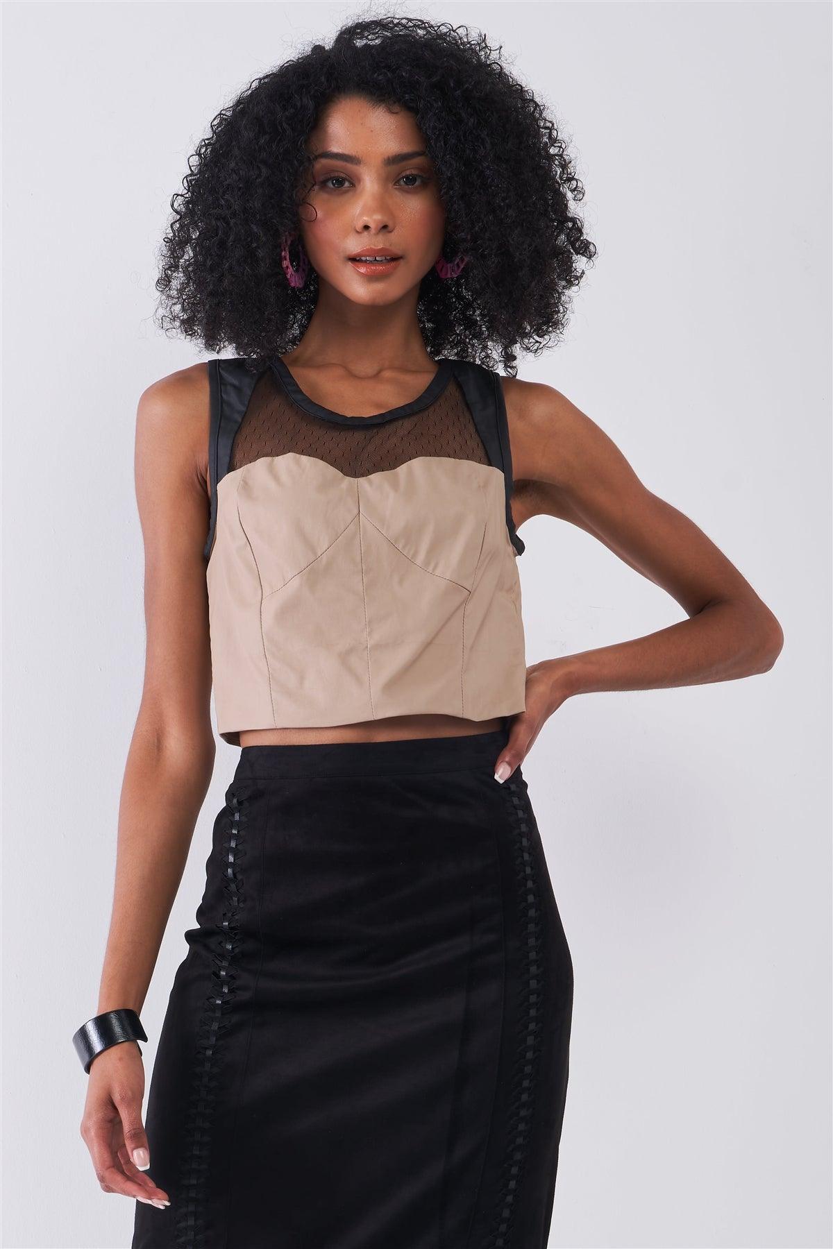 Tan & Black Sleeveless Vegan Leather Mesh Combo Sweetheart Neck Crop Top /1-2-2-1