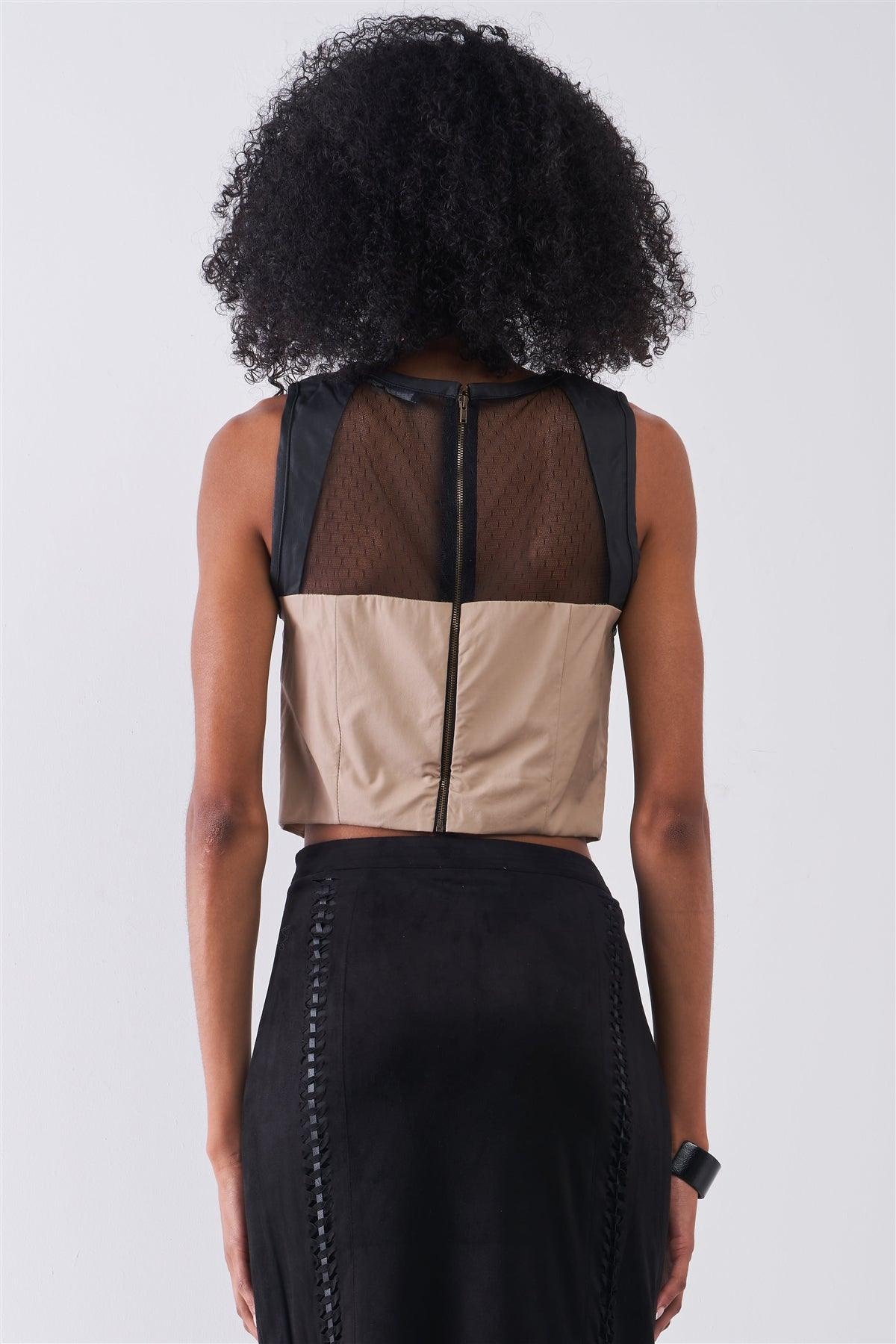 Tan & Black Sleeveless Vegan Leather Mesh Combo Sweetheart Neck Crop Top /1-2-2-1