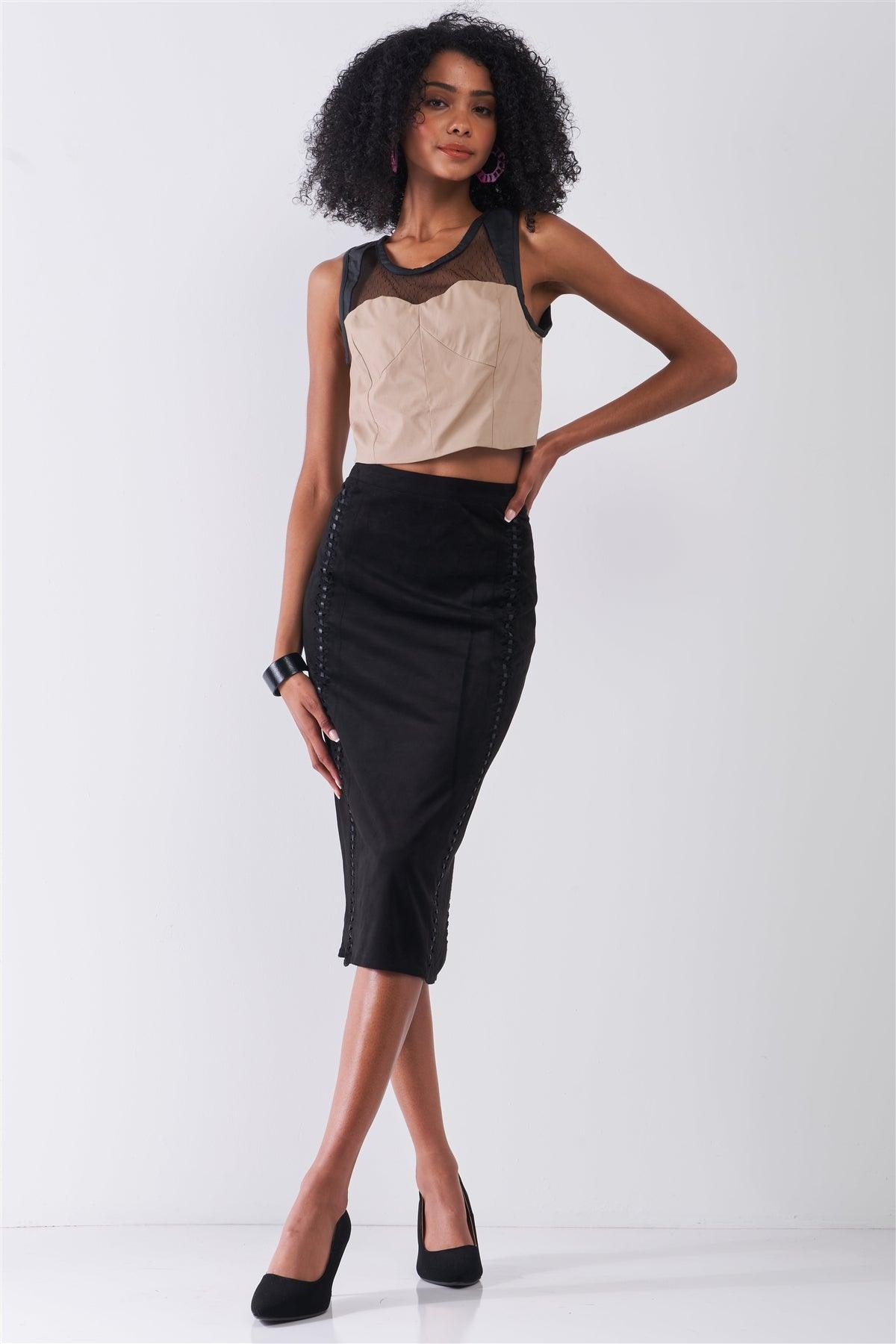 Tan & Black Sleeveless Vegan Leather Mesh Combo Sweetheart Neck Crop Top /1-2-2-1