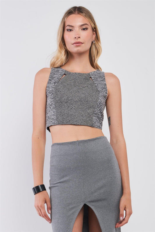 Grey & Black Tweed Glitter Weave Sleeveless Crew Neck Cut-Out Crop Top /3-2