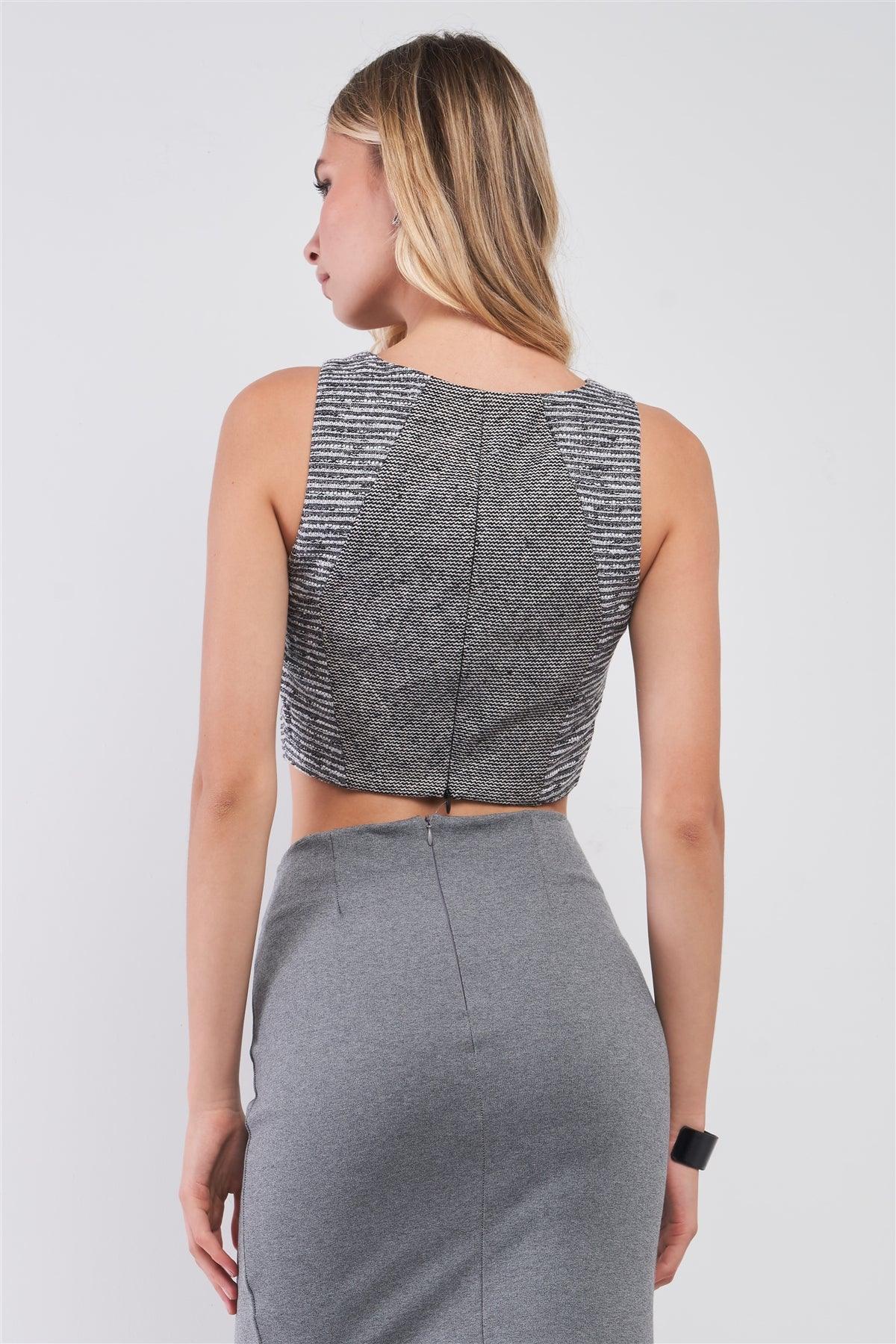 Grey & Black Tweed Glitter Weave Sleeveless Crew Neck Cut-Out Crop Top /1-2-2-1