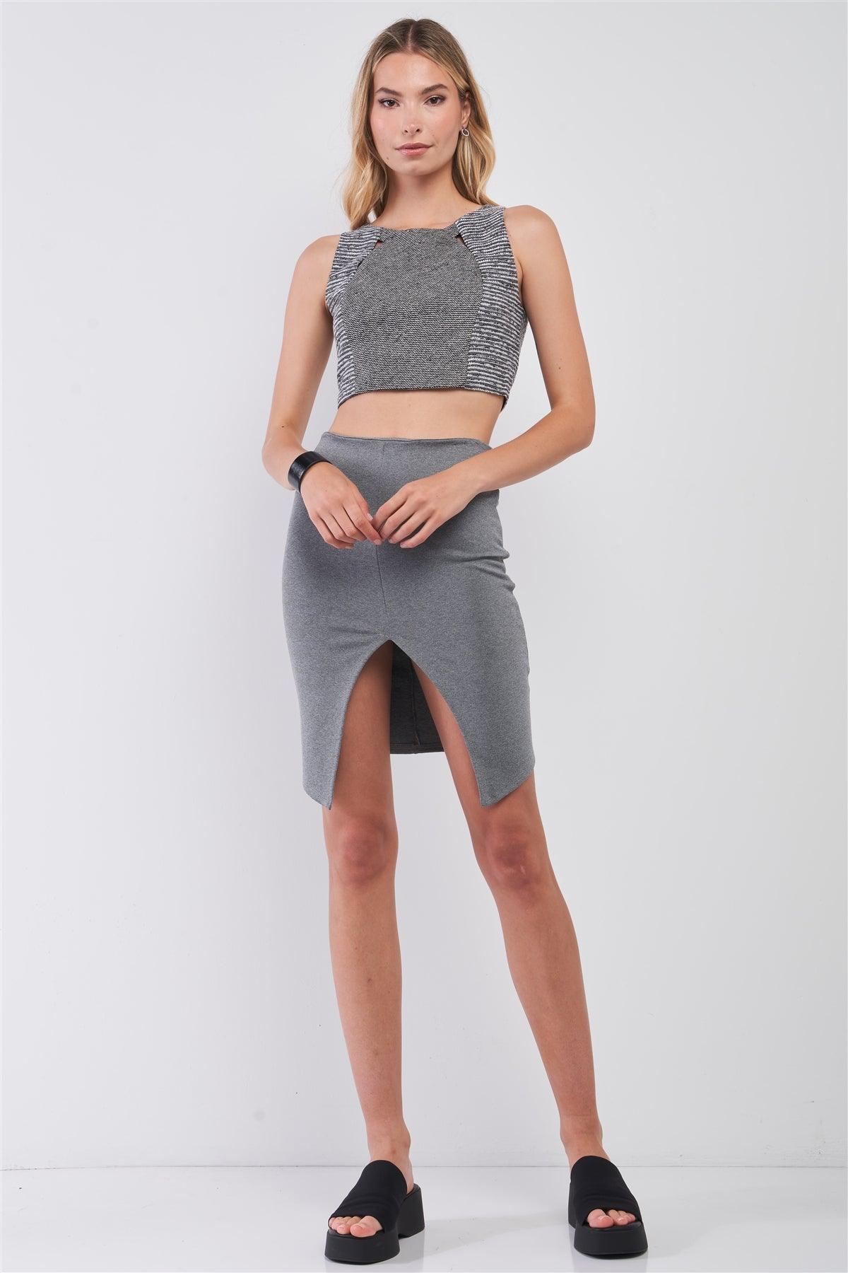 Grey & Black Tweed Glitter Weave Sleeveless Crew Neck Cut-Out Crop Top /1-2-2-1