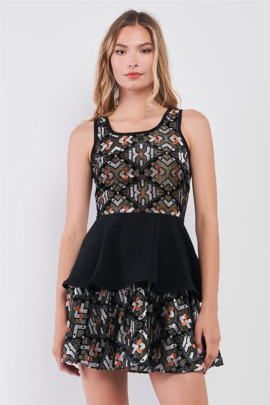 Black Multi Geometric Print Velvet Sleeveless Round Neck Peplum Top & High-Waisted Flare Mini Skirt Two Piece Set /1-1-2-1