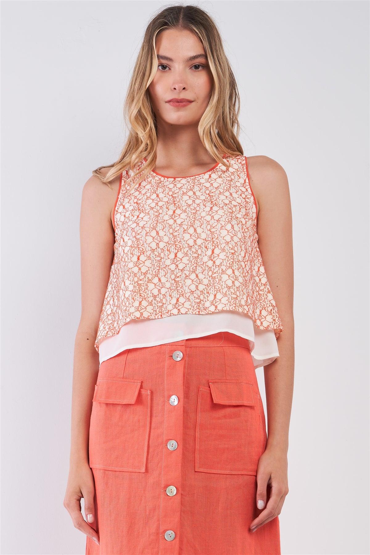 Apricot round shop neck floral crochet