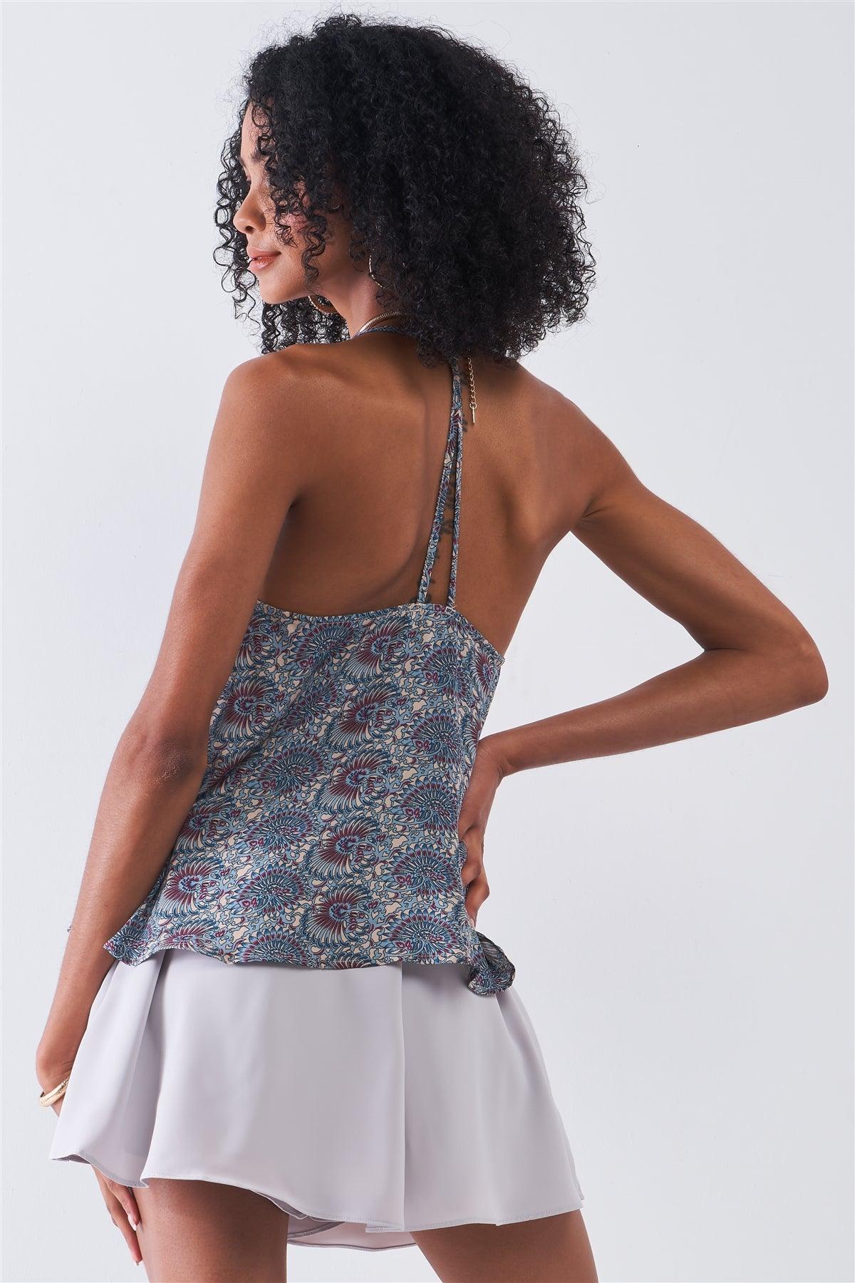 Blue Cream Paisley Pattern Print Sleeveless Lace Cut-Ins Racer Back Detail Relaxed Babydoll Top /1-1-2