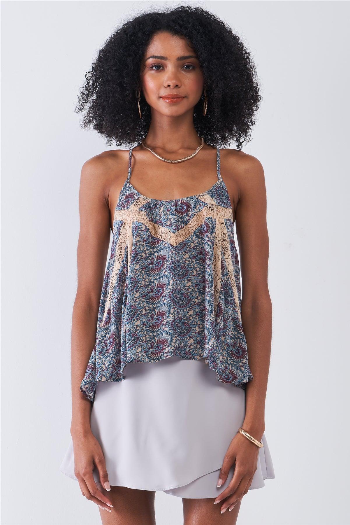 Blue Cream Paisley Pattern Print Sleeveless Lace Cut-Ins Racer Back Detail Relaxed Babydoll Top /1-1-2