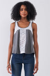 Grey & White Sheer Crochet Trim Sleeveless Scoop Neck Relaxed Top /1-1-2-1