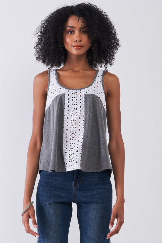 Grey & White Sheer Crochet Trim Sleeveless Scoop Neck Relaxed Top /1-1-2-1