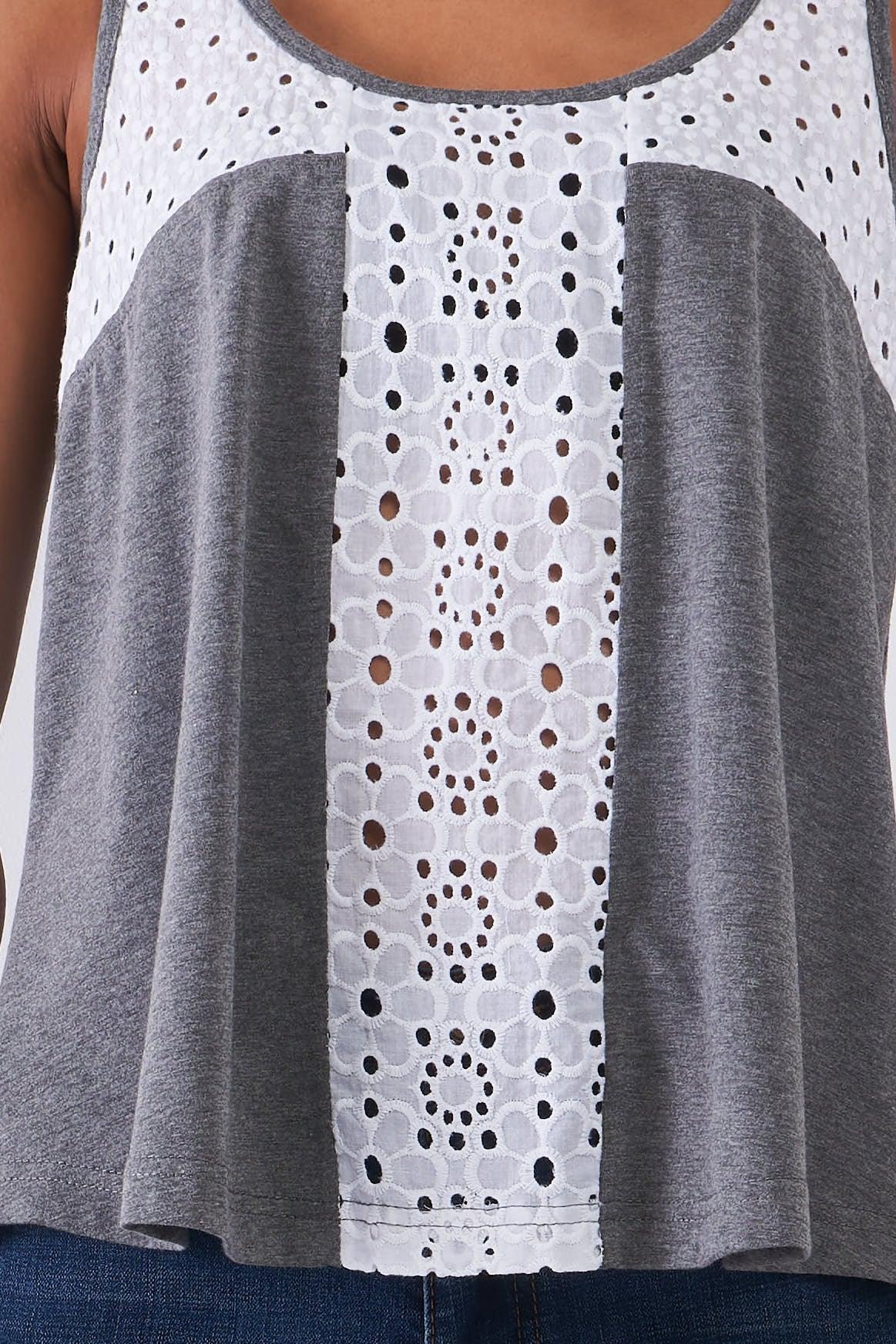 Grey & White Sheer Crochet Trim Sleeveless Scoop Neck Relaxed Top /1-1-2-1