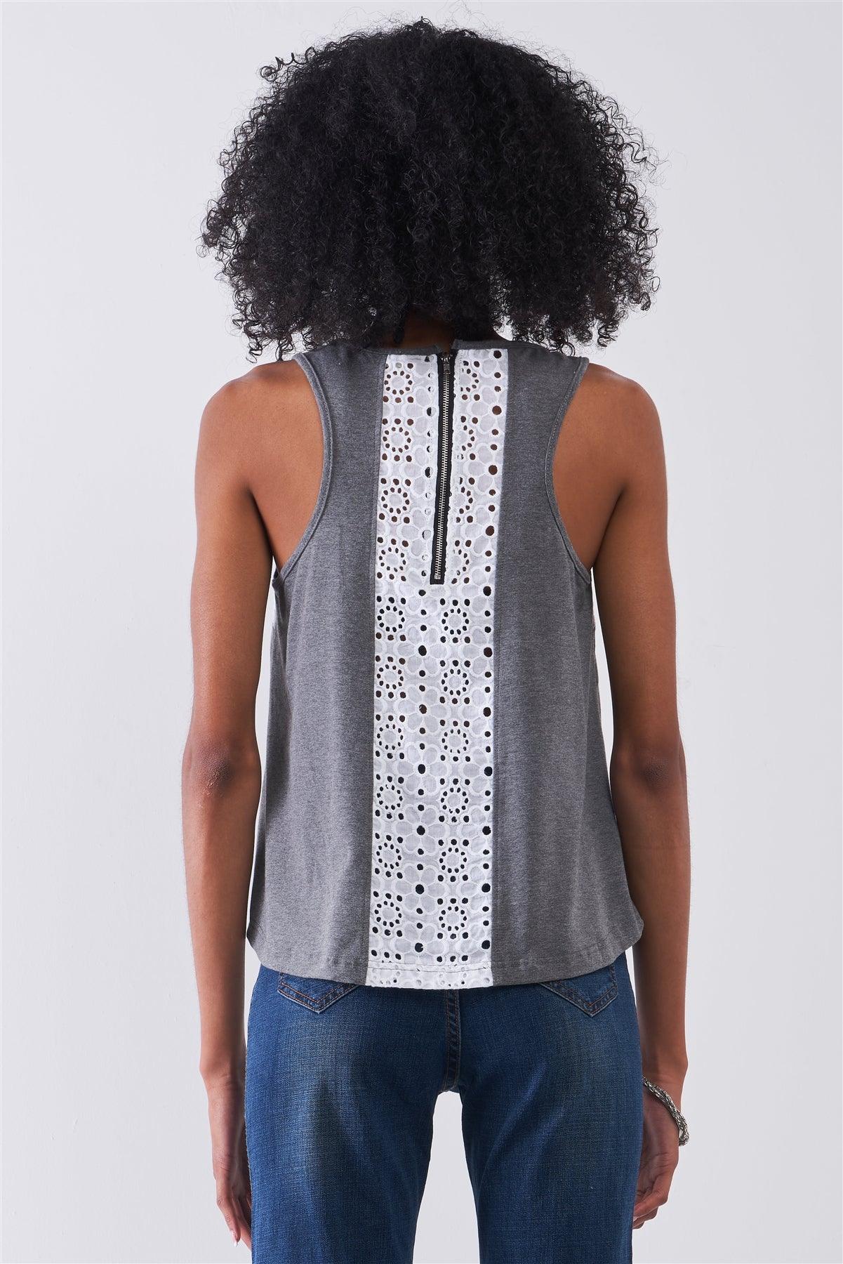 Grey & White Sheer Crochet Trim Sleeveless Scoop Neck Relaxed Top /1-1-2-1