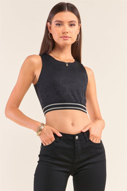 Black Sleeveless Embossed Jacquard Pattern Banded Crop Top /1-2-3-1