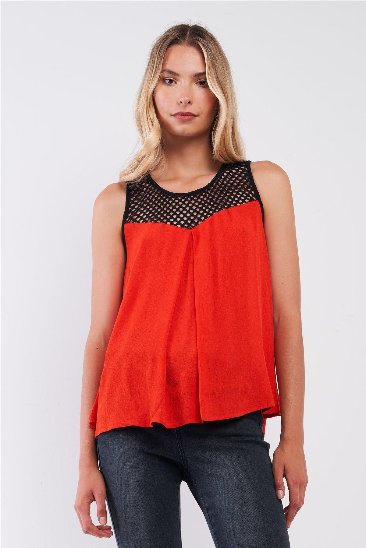 Red & Black Sleeveless Tennis Net Neckline Trim Relaxed Babydoll Top /1-2-2-1