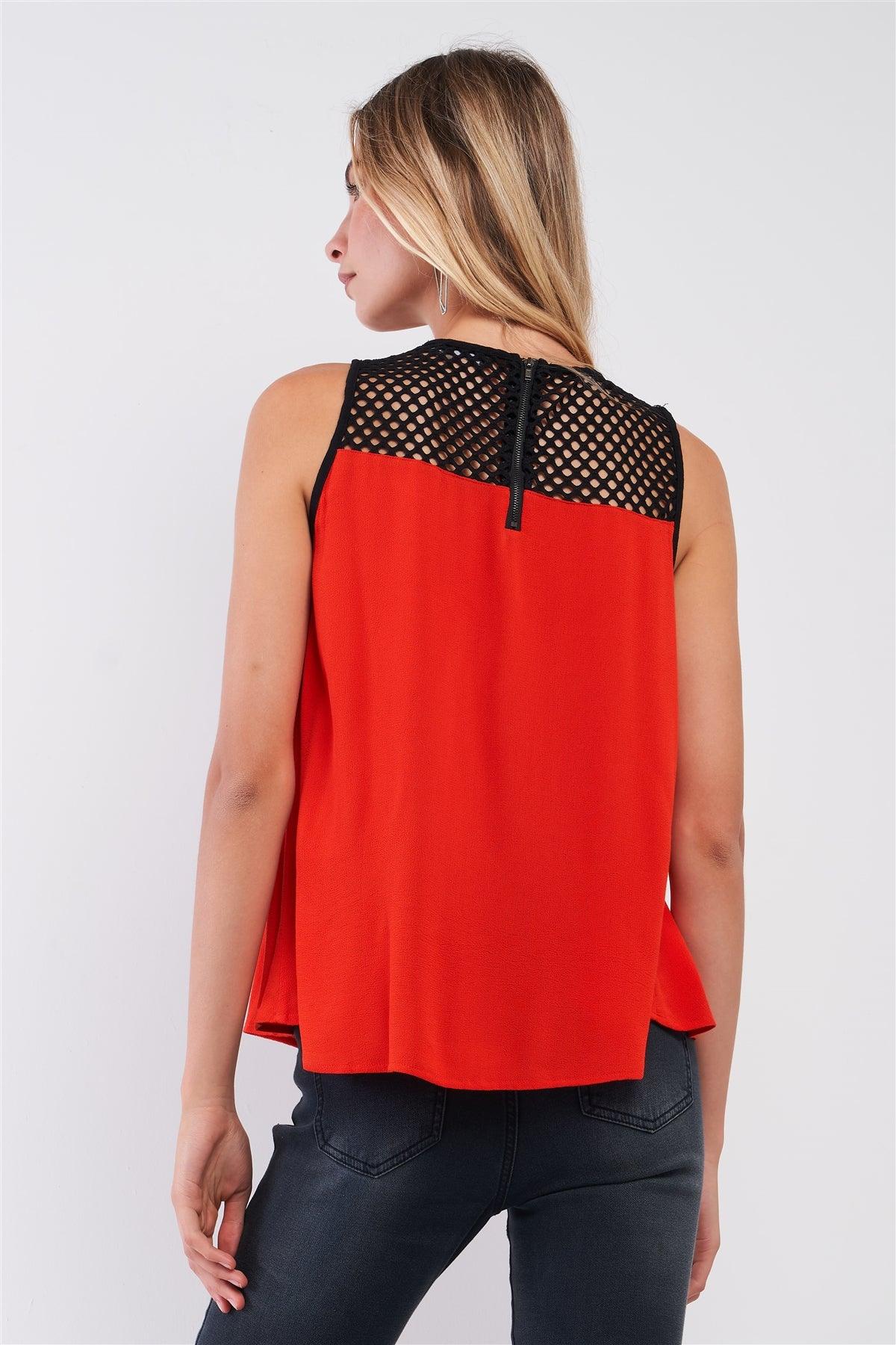 Red & Black Sleeveless Tennis Net Neckline Trim Relaxed Babydoll Top /1-2-2-1