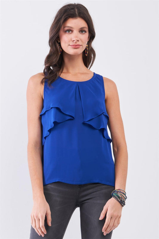 Royal Blue Sleeveless Round Neck Layered Babydoll Top /1-2-2-1