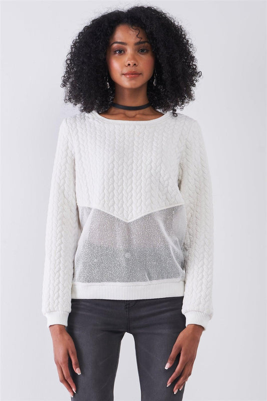 Off-White Round Neck Long Sleeve Braid Quilted Sheer Mesh Detail Sweatshirt /1-1-1-1