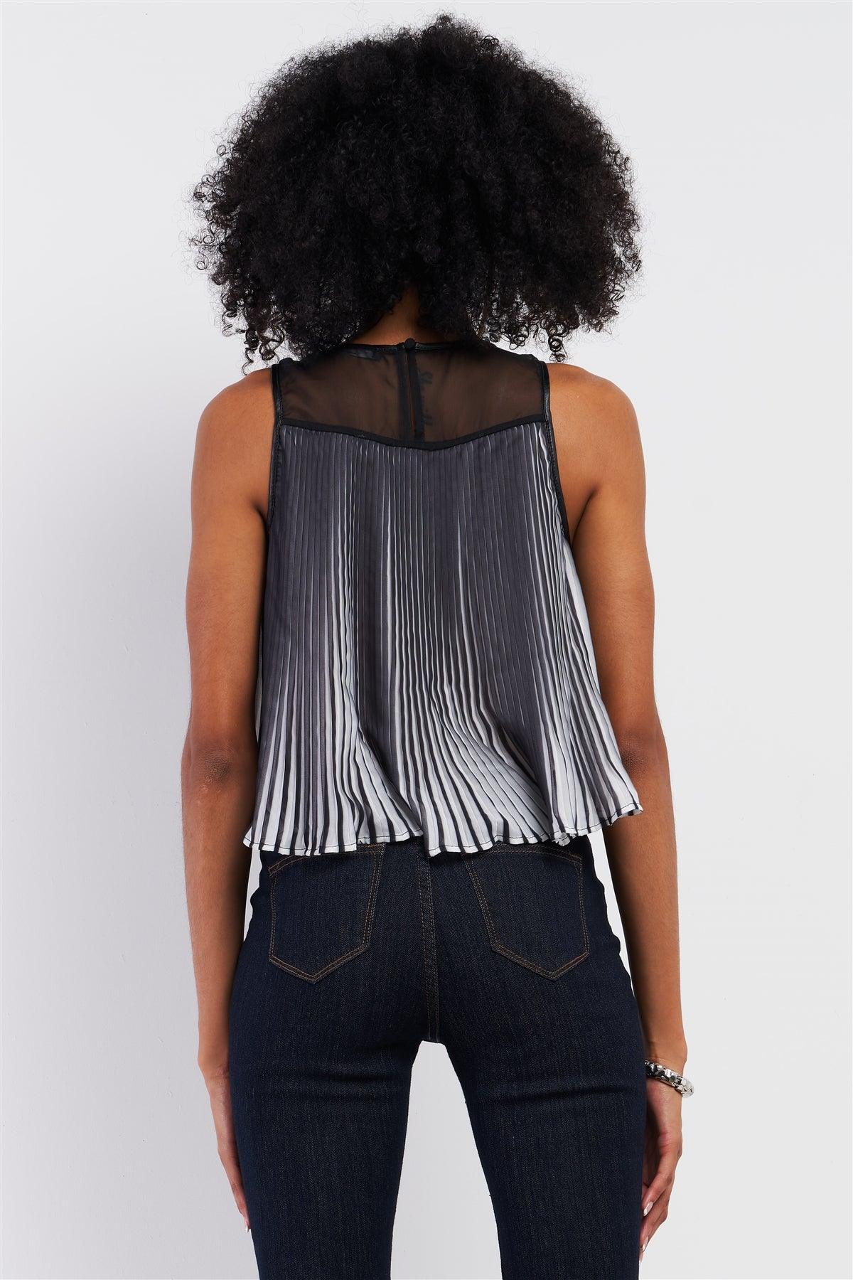 Black & White Pleated Sleeveless Vegan Leather Trim Detail Cropped Top /1-2-2-1