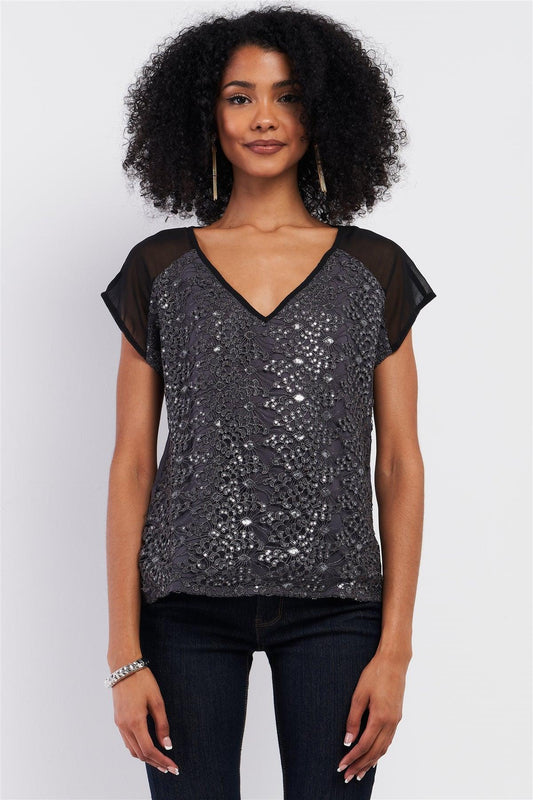 Grey & Black Mesh Crochet Sequin Embroidery V-Neck Top /1-2-2-1