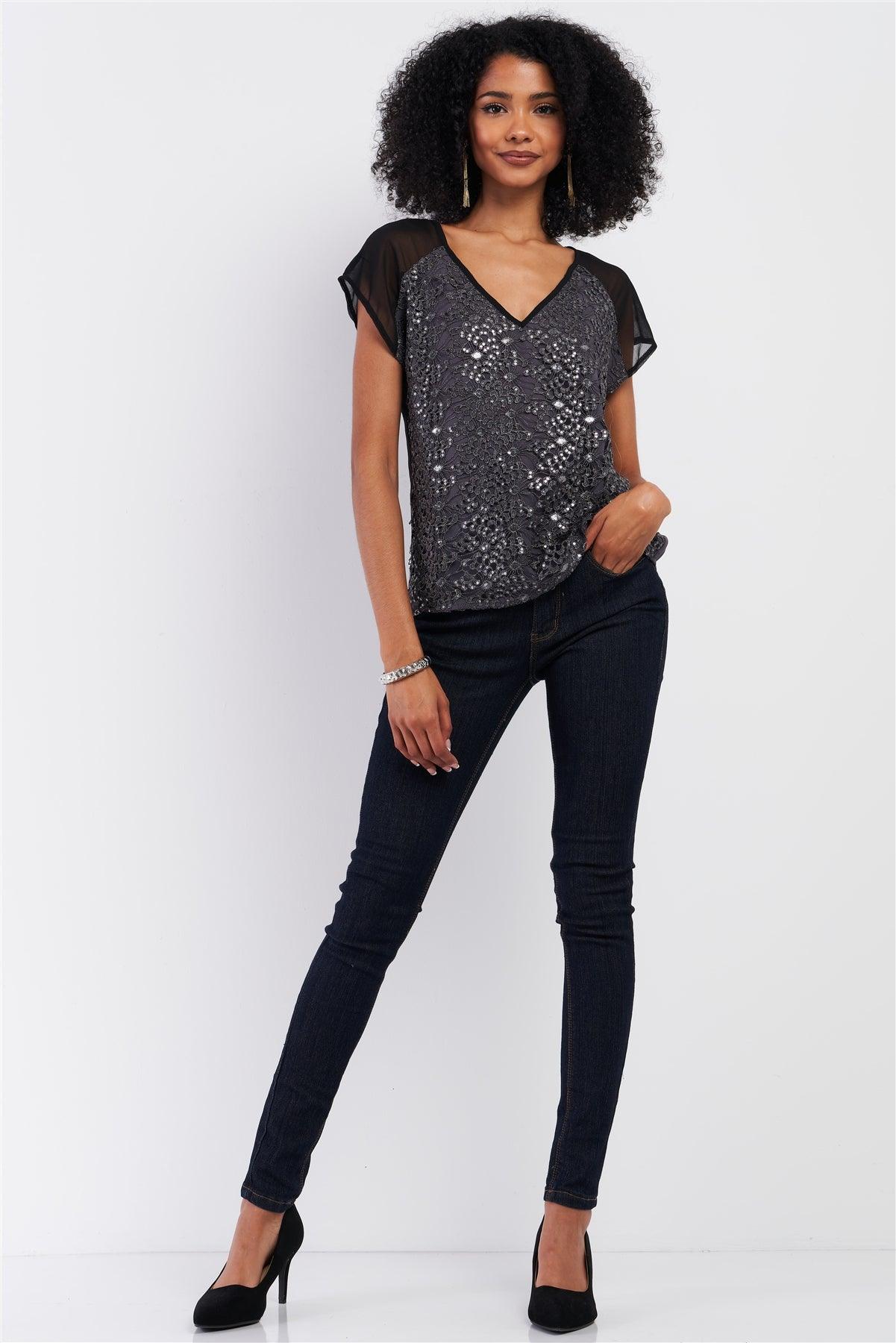 Grey & Black Mesh Crochet Sequin Embroidery V-Neck Top /1-2-2-1