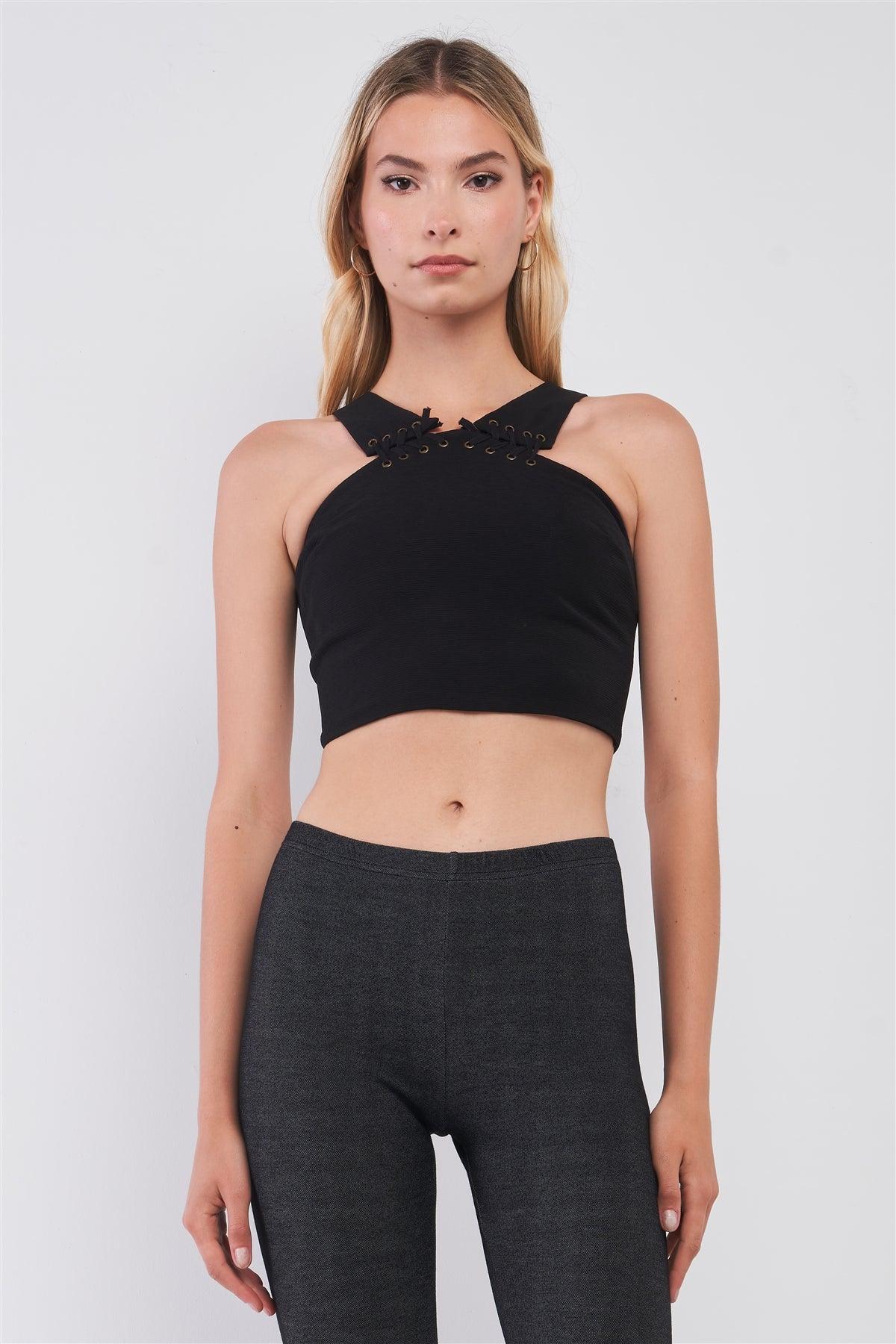 Black Sleeveless Lace-Up Detail Halter-Tie Neck Fitted Crop Top /3-2