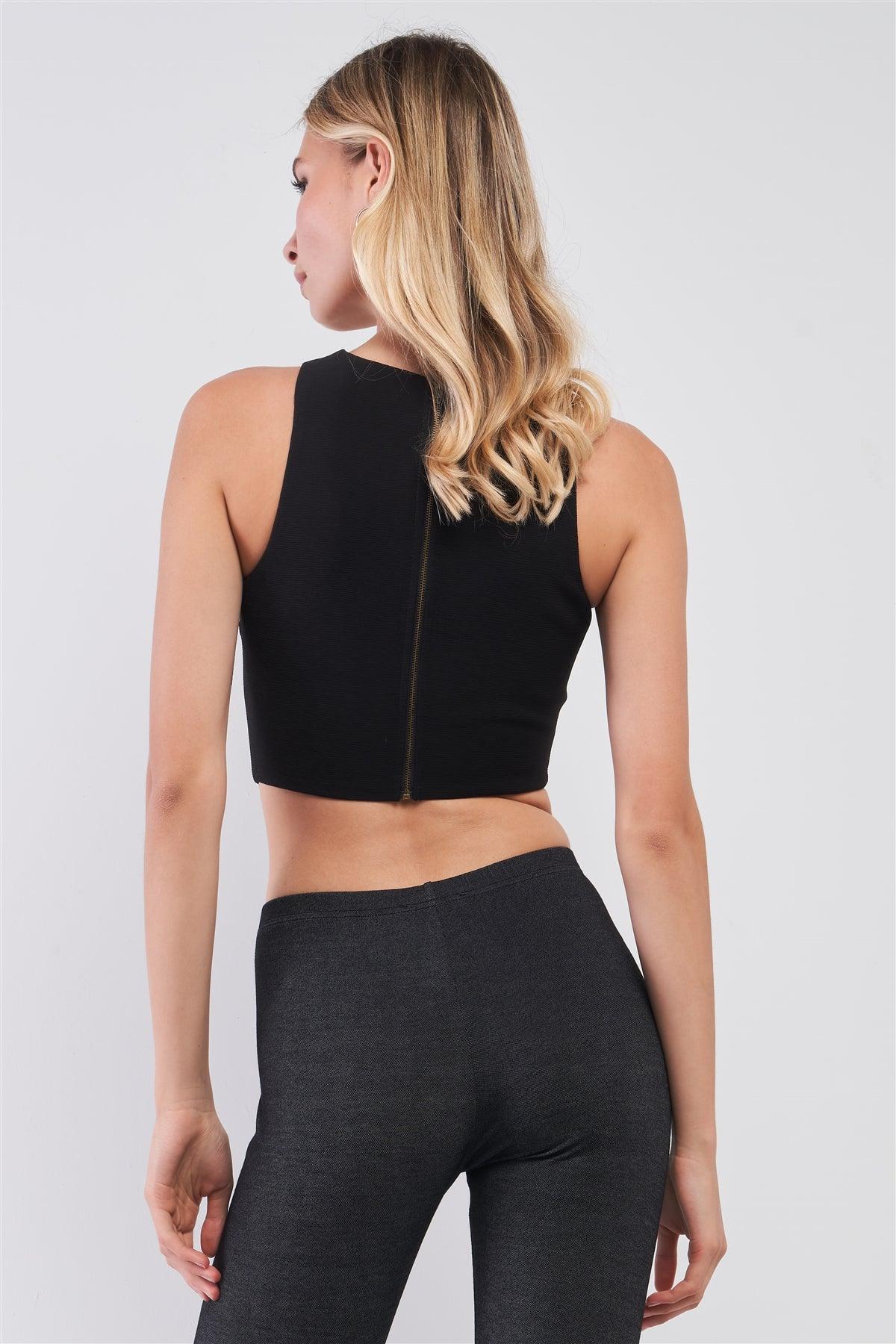 Black Sleeveless Lace-Up Detail Halter-Tie Neck Fitted Crop Top /3-2