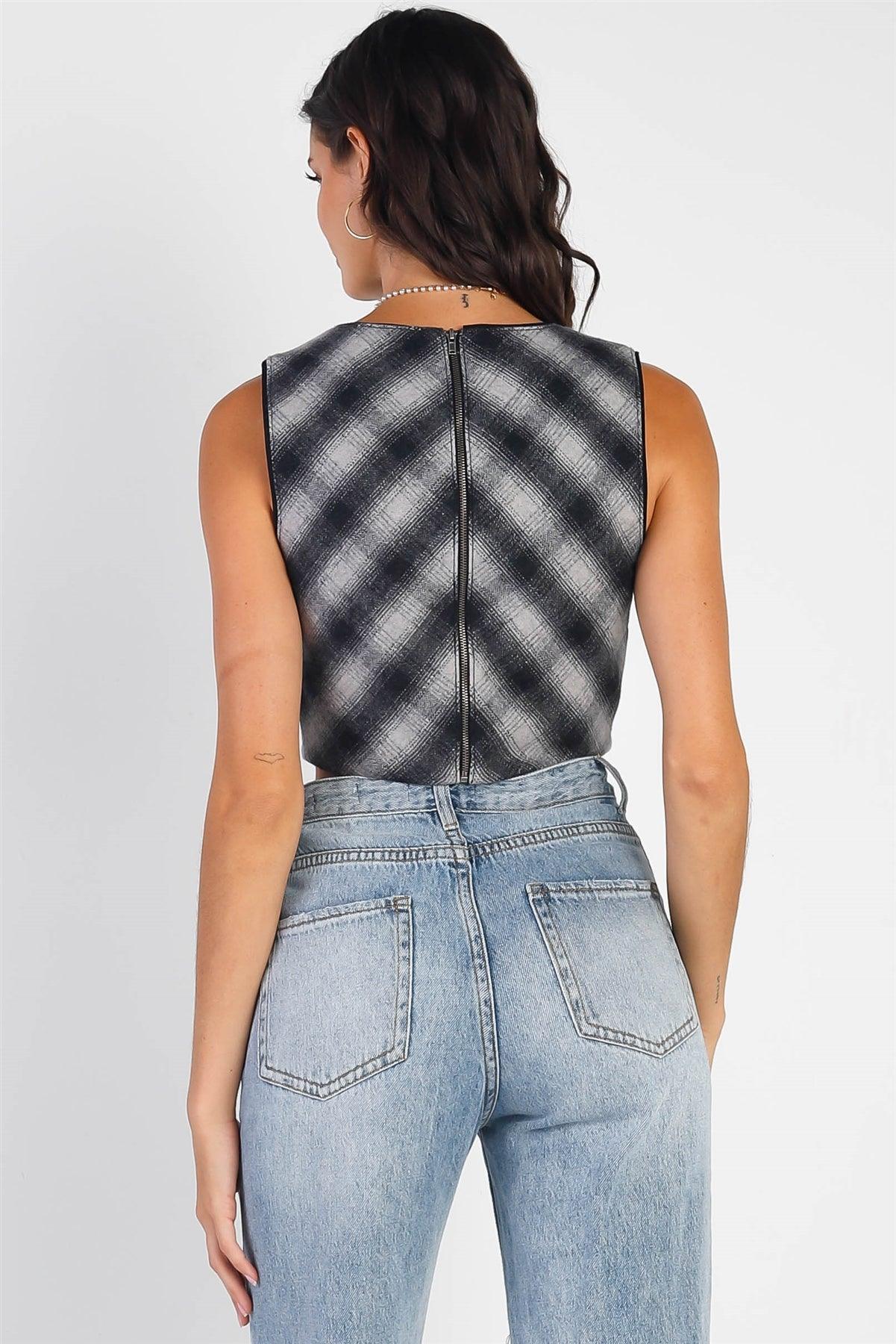 Black And Grey Checkered Sleeveless Round Neck Woolen Cropped Top /1-2-2-1