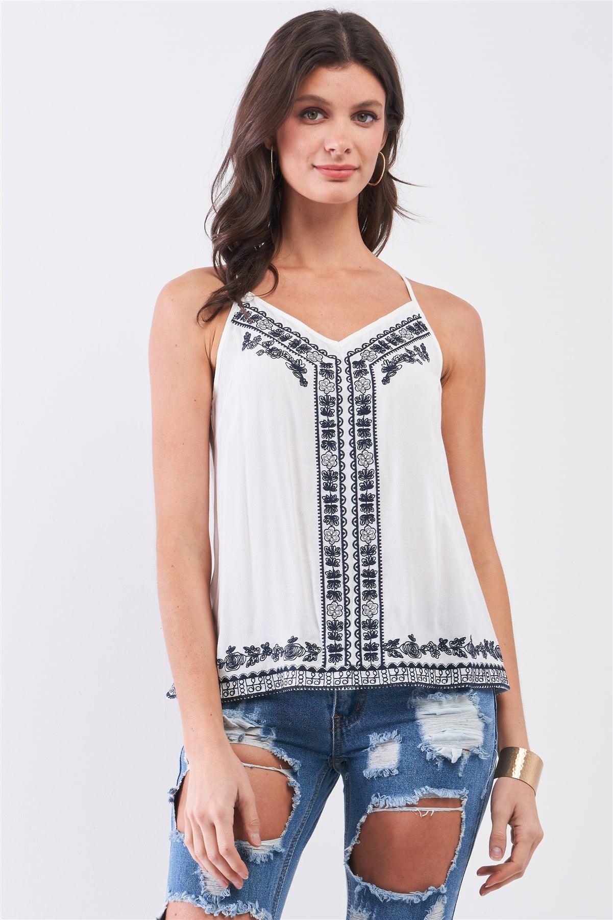 White Slavic Inspired Embroidery Detail Sleeveless V-Neck Babydoll Top /1-2-1-1