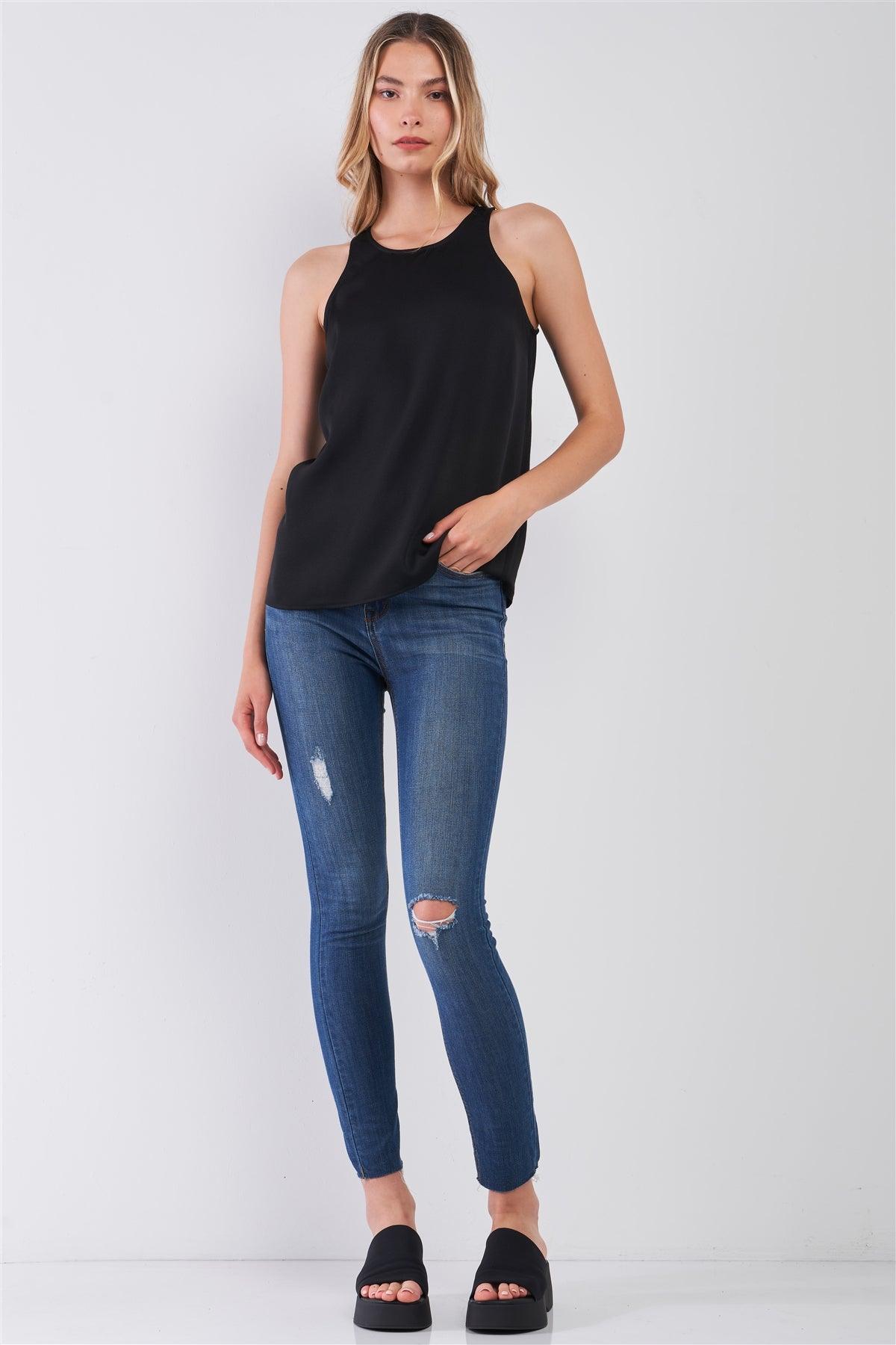 Simple Black Combo Sleeveless Crew Neck Cami Top /1-2-2-1