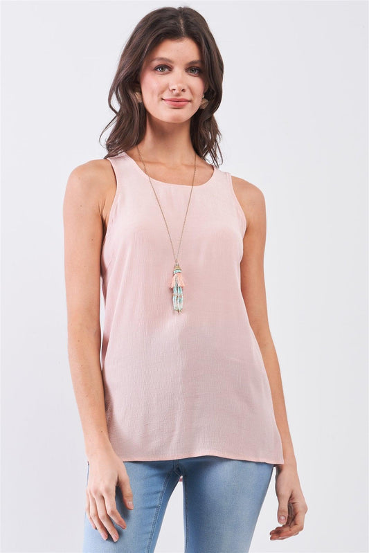 Blush Pink Cr‚àö√ßpe Fabric Sleeveless Buttoned Back Scoop Neckline Babydoll Top /1-3-1