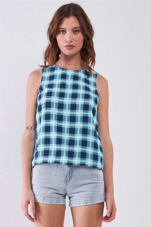 Aqua Blue Glen Check Pattern Print Sleeveless Round Neck Back-Side Vest Top /1-2-2-1