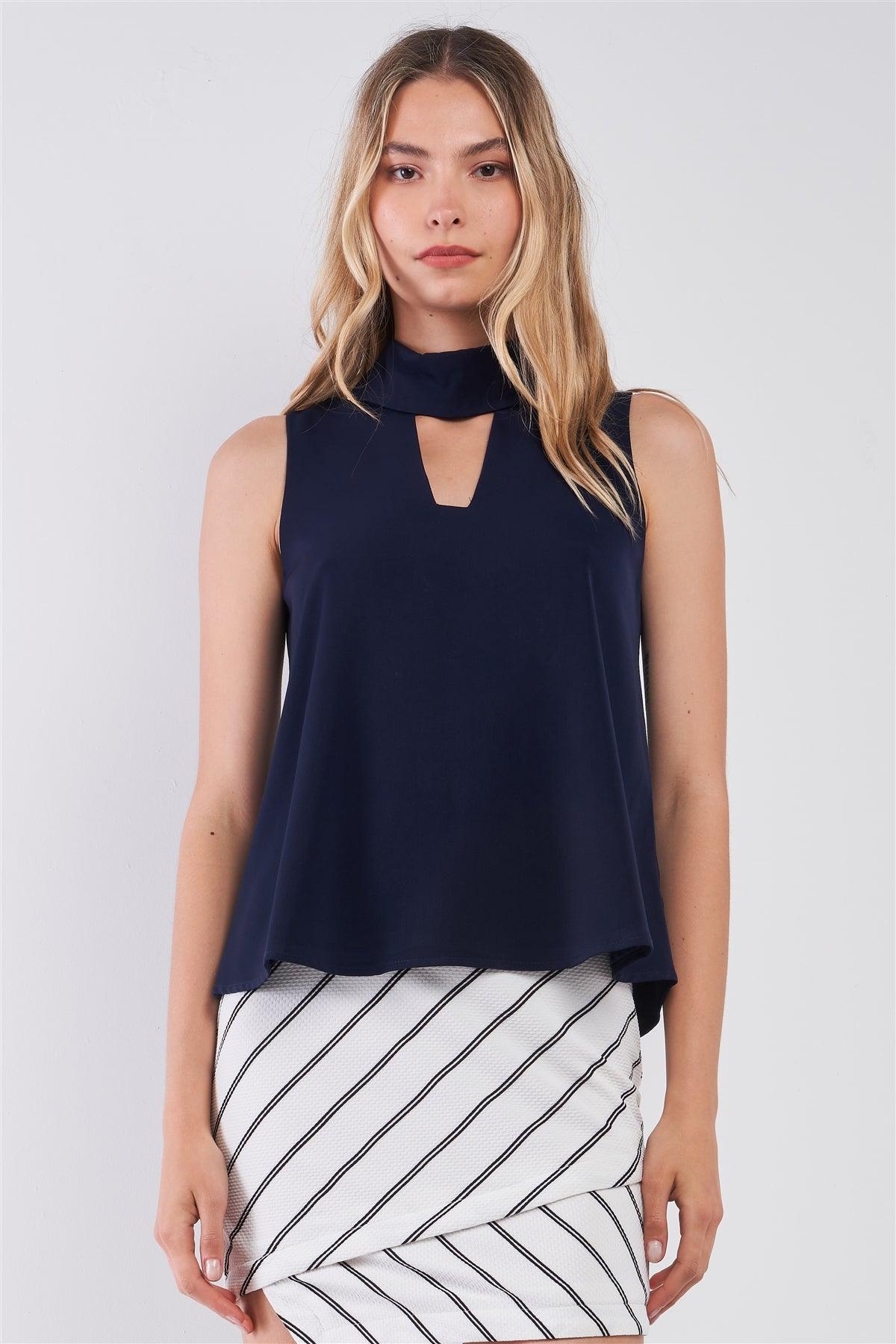 Navy Sleeveless Cut-Out Front Detail Zip-Up Back Mock Neck Top /1-2-2-1