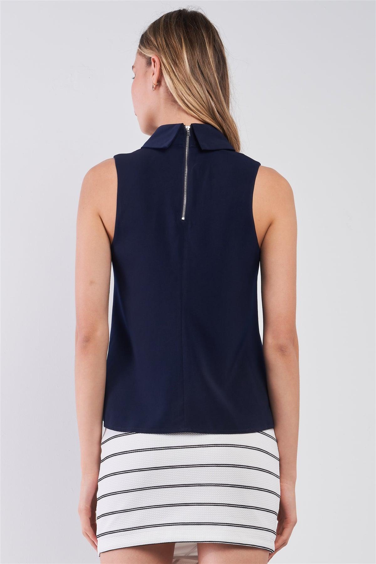 Navy Sleeveless Cut-Out Front Detail Zip-Up Back Mock Neck Top /1-2-2-1