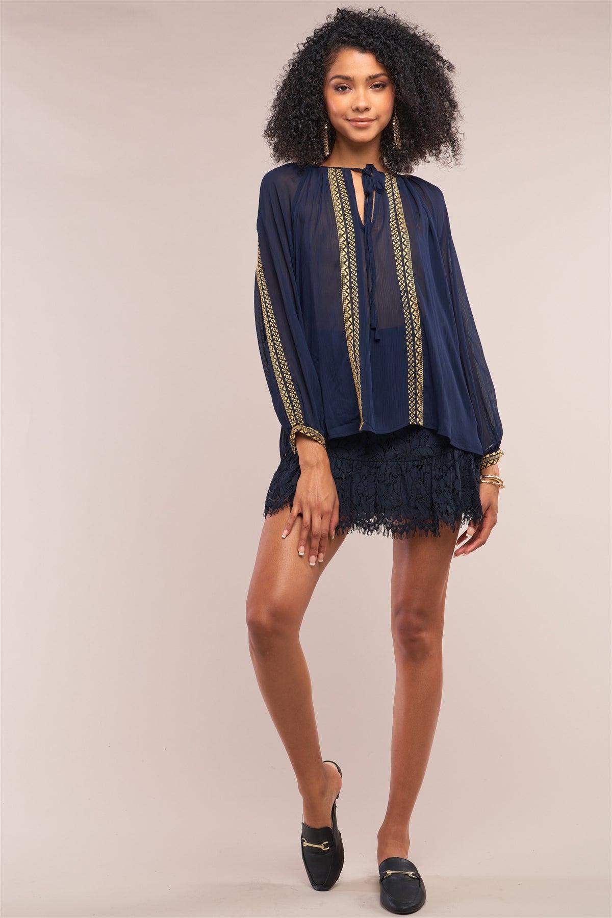 Deep Blue Boho Mosaic Pattern Embroidery Relaxed Fit Long Sleeve Self-Tie Crew Neck Top /1-2-2-1