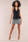 Black Houndstooth Print Sleeveless V-Neck Halter Neck Pleated Front Open Back Flare Top /1-3-1