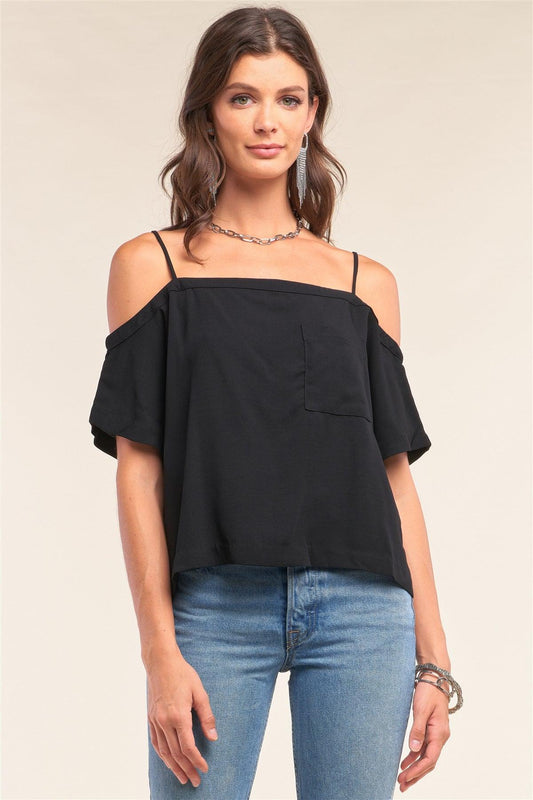 Black Off-The-Shoulder Square Neck Loose Fit Chest Pocket Detail Top /1-2-2-1