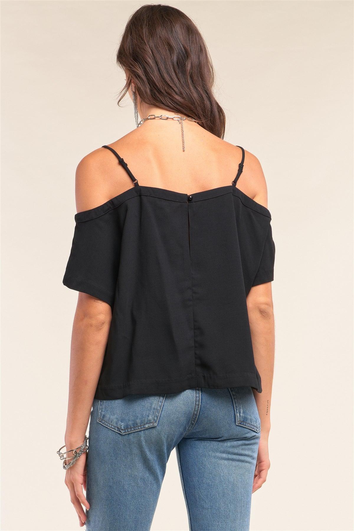 Black Off-The-Shoulder Square Neck Loose Fit Chest Pocket Detail Top /1-2-2-1