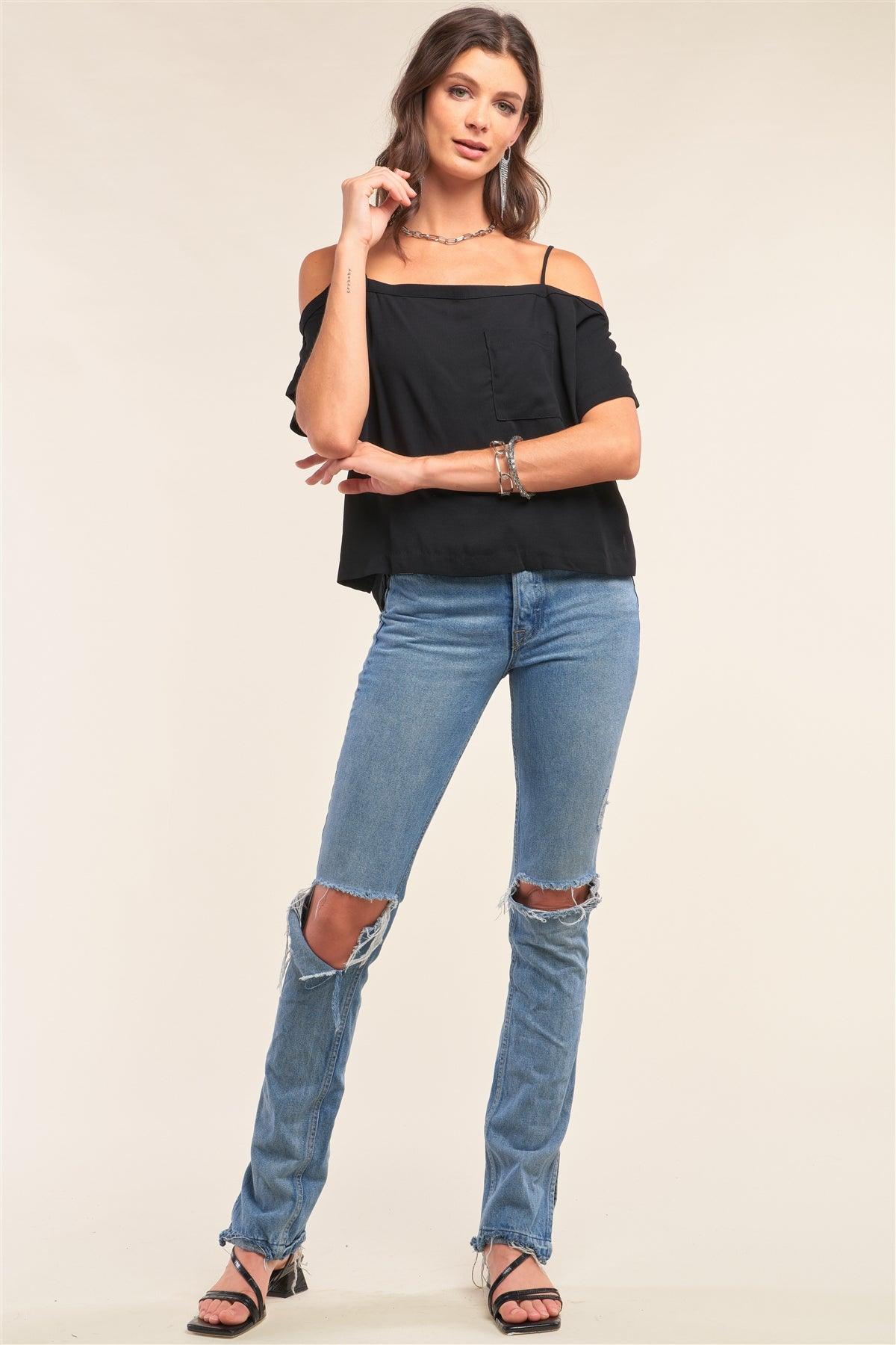 Black Off-The-Shoulder Square Neck Loose Fit Chest Pocket Detail Top /1-2-2-1