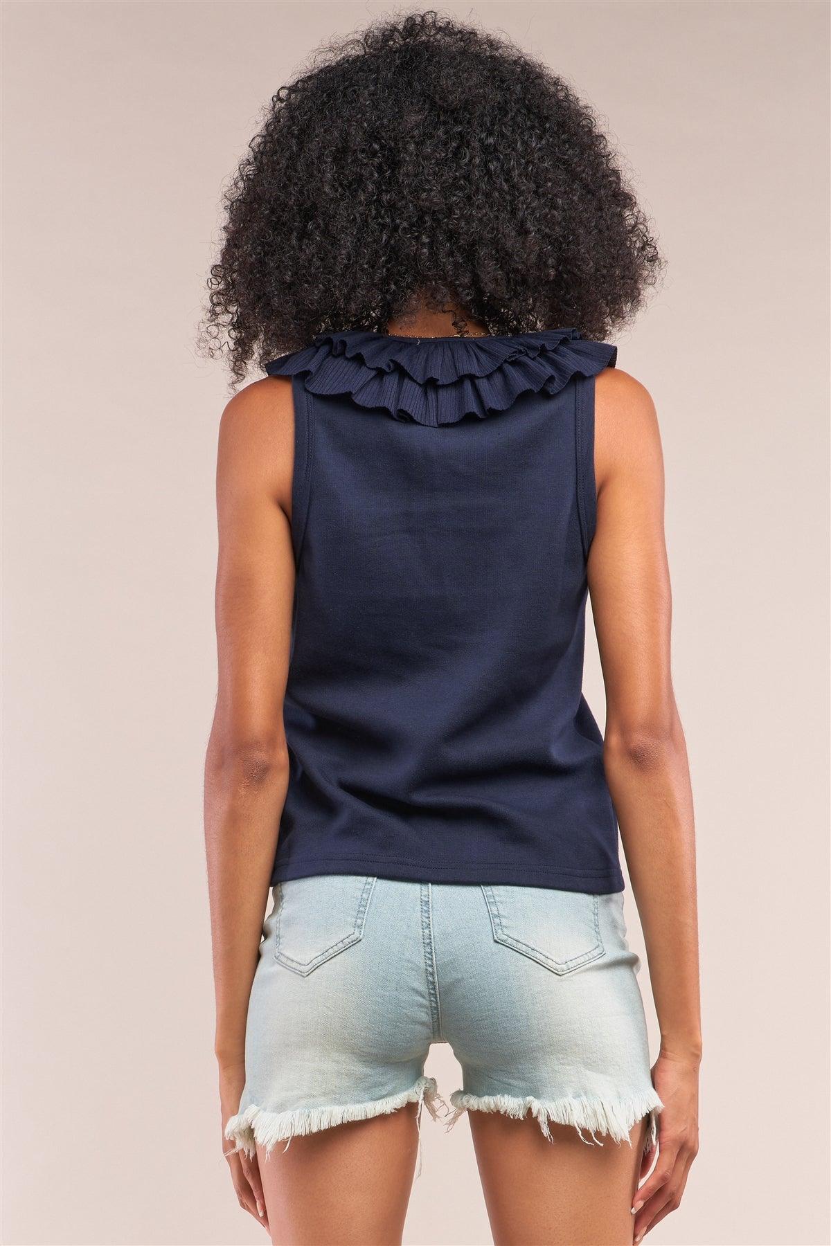 Navy Sleeveless Ribbed Ruffle V-Neck Trim Detail Vest Top /3-3