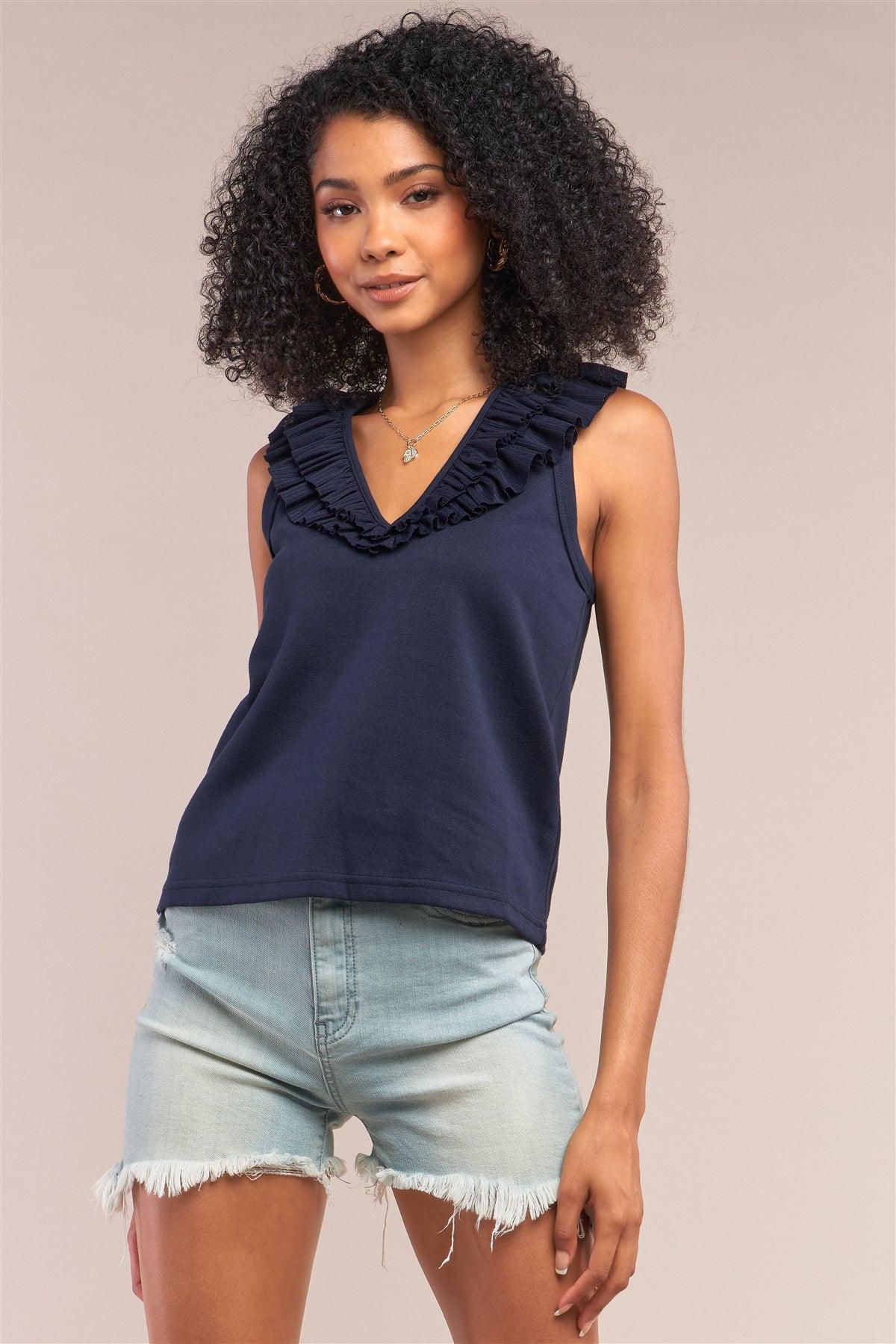 Navy Sleeveless Ribbed Ruffle V-Neck Trim Detail Vest Top /3-3