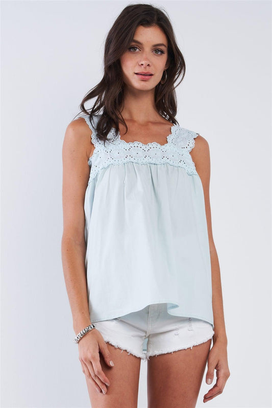 Light Blue Babydoll Loose Fit Sleeveless Embroidered Square Cut Shoulder Hem Top /1-2-2-1