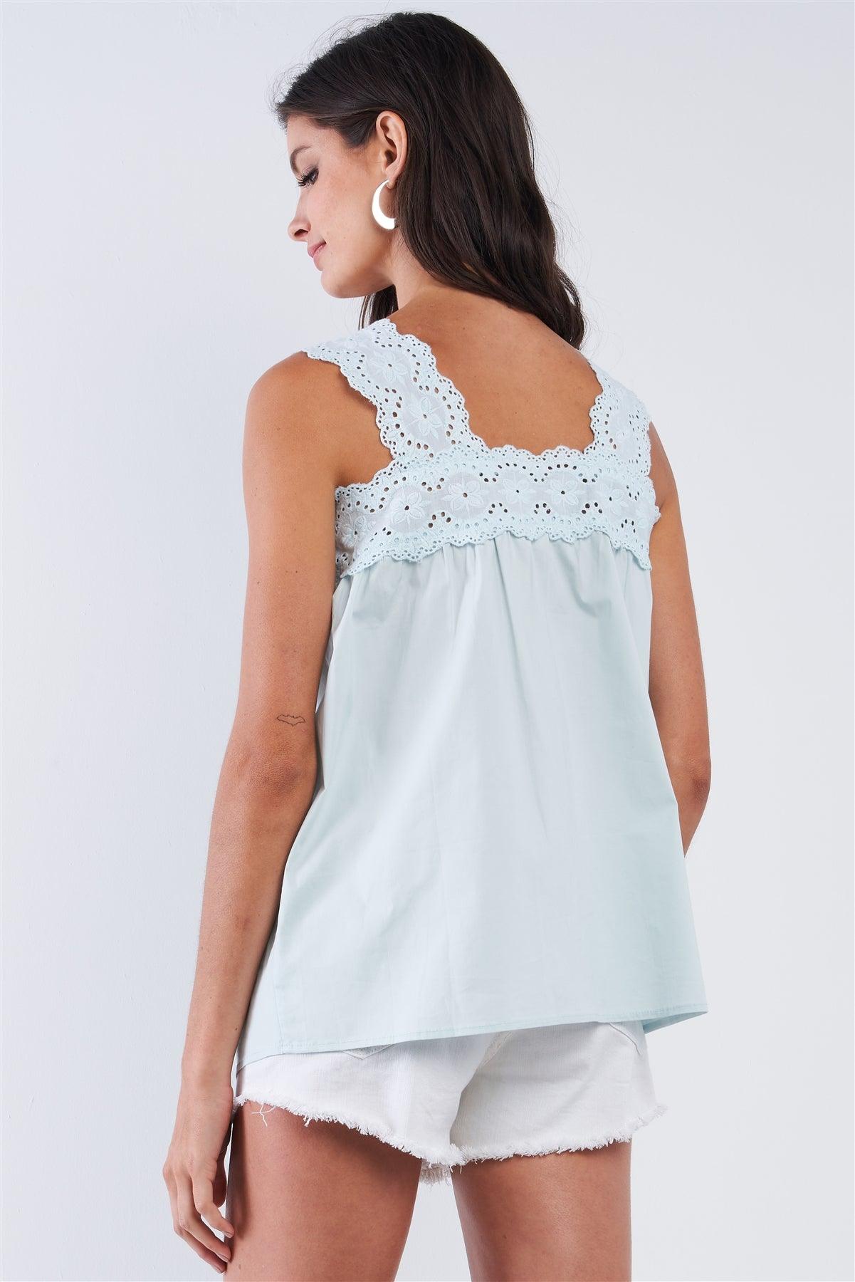 Light Blue Babydoll Loose Fit Sleeveless Embroidered Square Cut Shoulder Hem Top /1-2-3