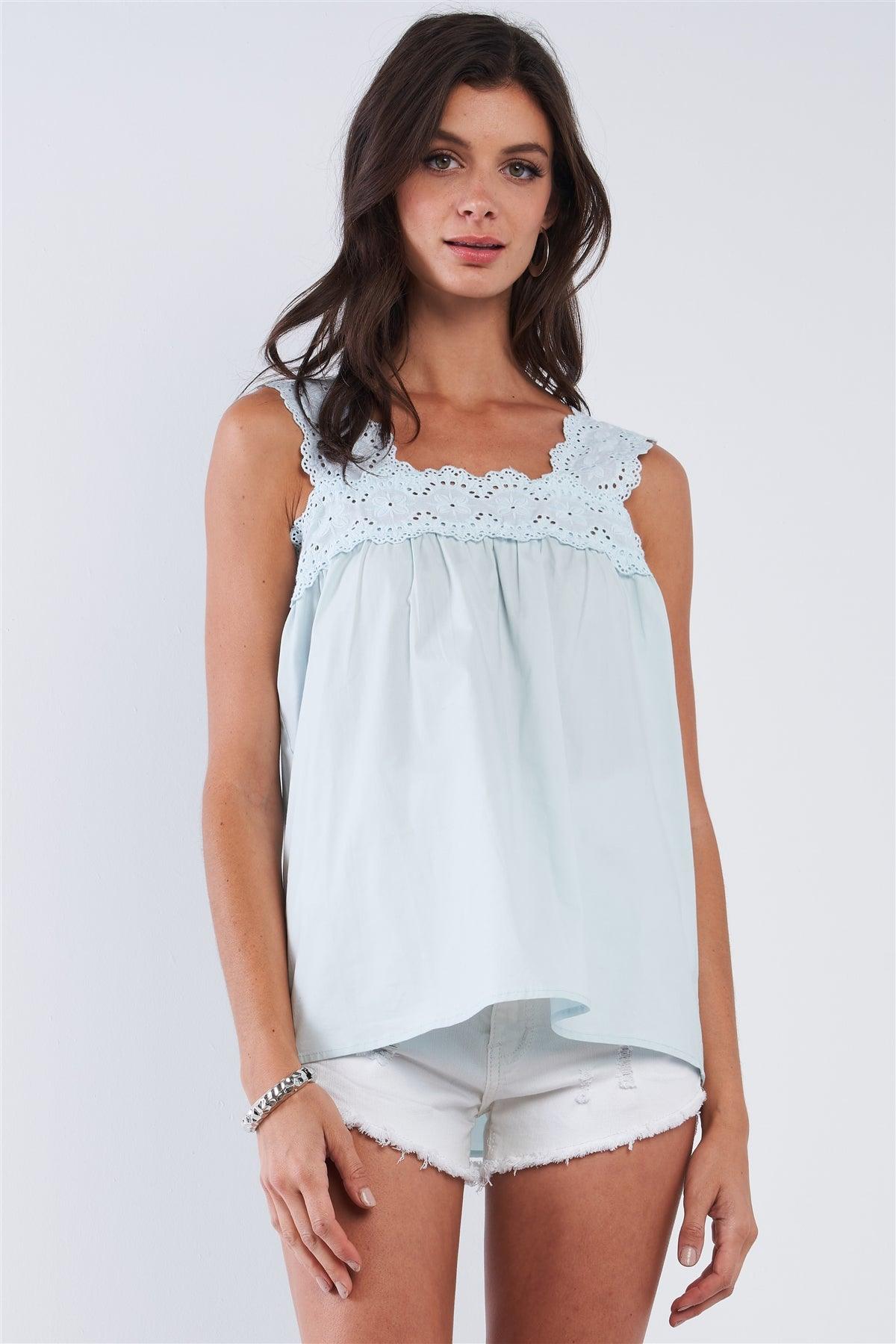 Light Blue Babydoll Loose Fit Sleeveless Embroidered Square Cut Shoulder Hem Top /1-2-3