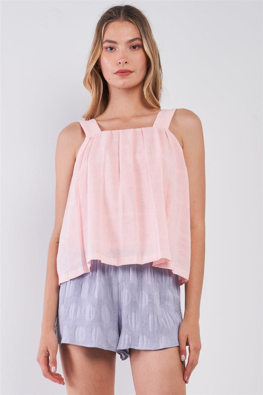 Pink "Baby Doll" Square Neck Sleeveless Wide Straps Pleated Loose Fit Top /1-2-2-1