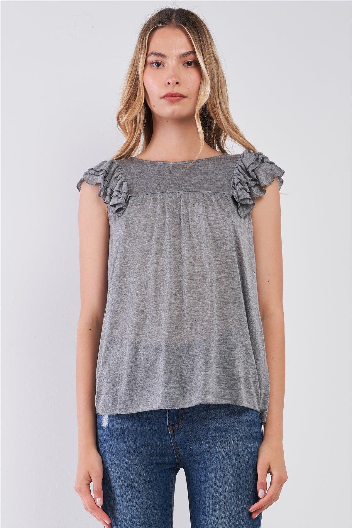 Heather Grey Ruffle Angel Sleeve Trim Round Neck Babydoll Top /2-2