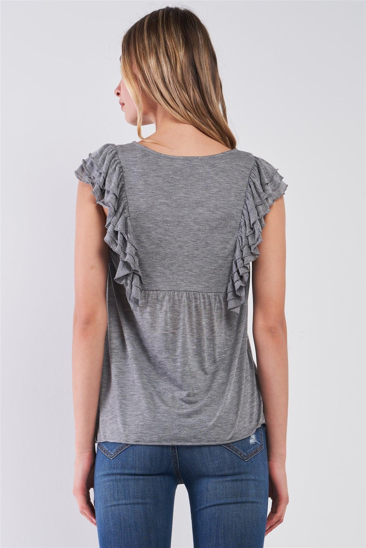 Heather Grey Ruffle Angel Sleeve Trim Round Neck Babydoll Top /2-2