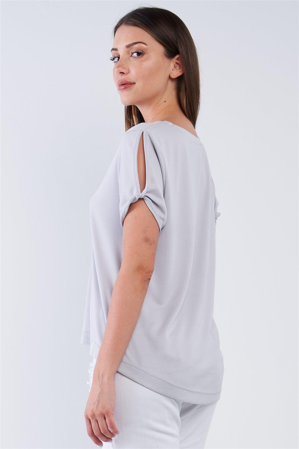 Light Grey Loose Fit V-Neck Peek-A-Boo Shoulder Top /1-2-2-1