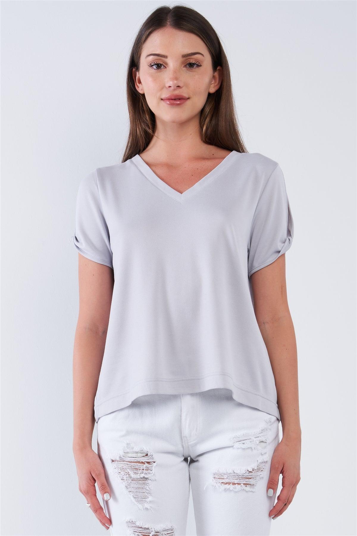 Light Grey Loose Fit V-Neck Peek-A-Boo Shoulder Top /1-2-2-1