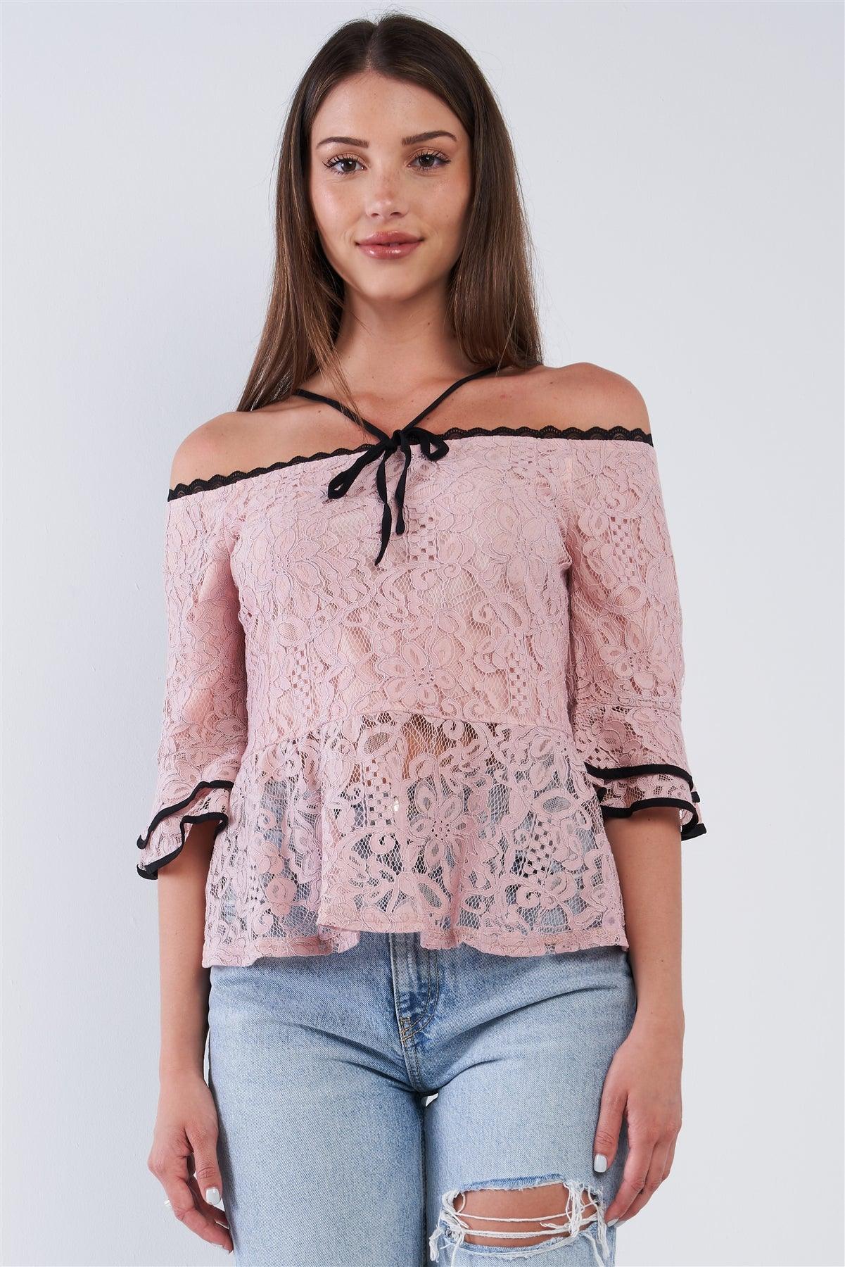 Dusty Pink Off The Shoulder Cropped Lace Midi Sleeve Peplum Top /1-2-2-1