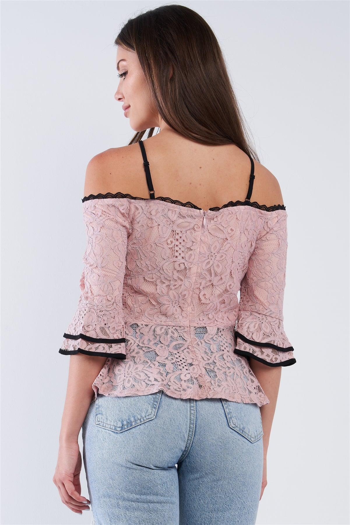 Dusty Pink Off The Shoulder Cropped Lace Midi Sleeve Peplum Top /1-2-2-1