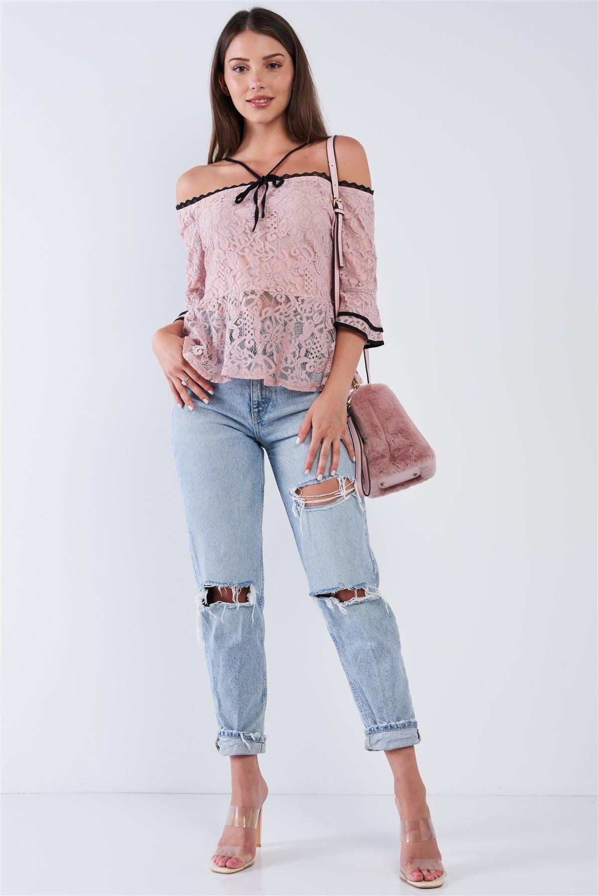 Dusty Pink Off The Shoulder Cropped Lace Midi Sleeve Peplum Top /1-2-2-1